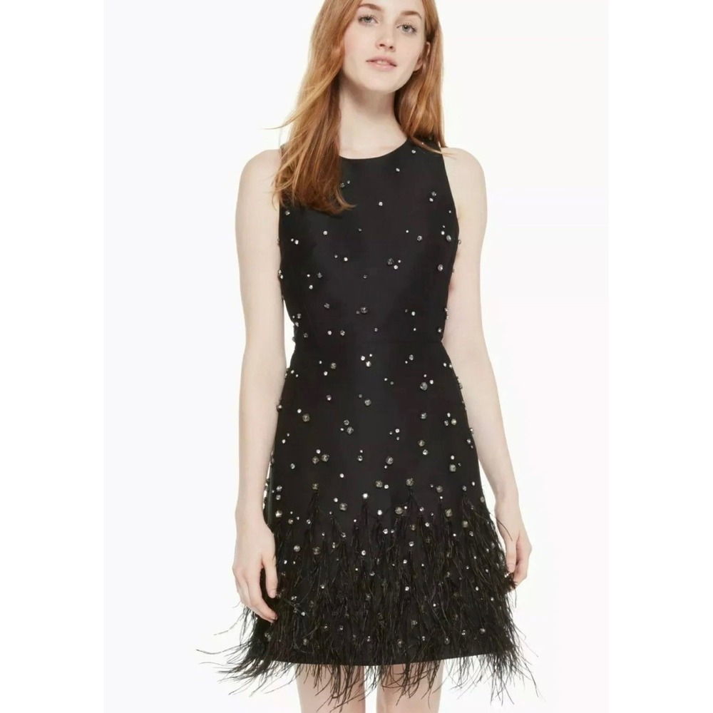 Kate Spade Madison Ave Black Thia Crystal Feather Cocktail Dress SZ 4 $1100
